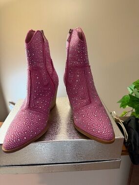 Crystal-Embellished Pink Western Ankle Boots - Women's Booties